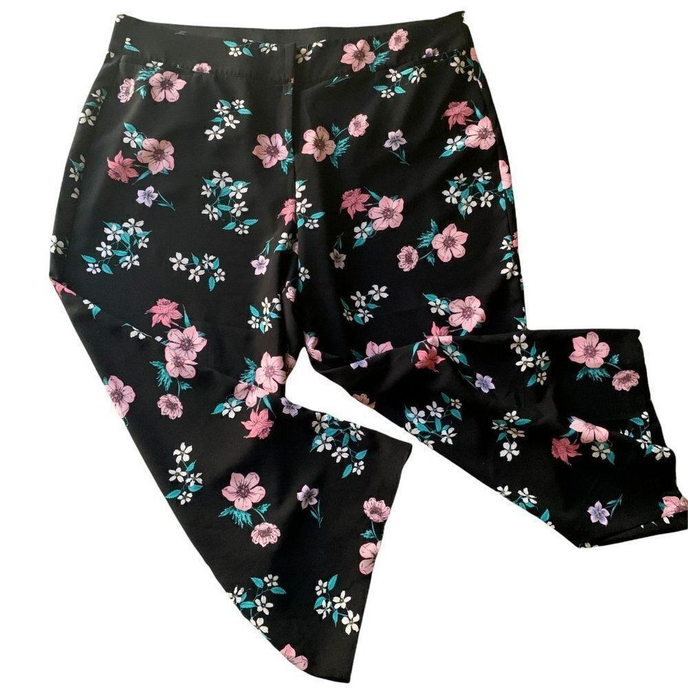 Lane Bryant Allie Floral Pants 28 Black Elastic Waistband Pockets Wide Leg Zip